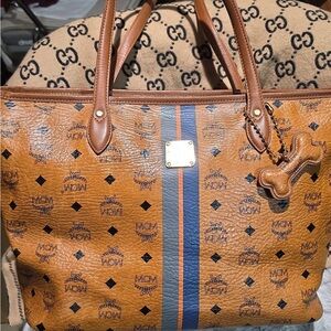 MCM Brown and Blue Logo Tote